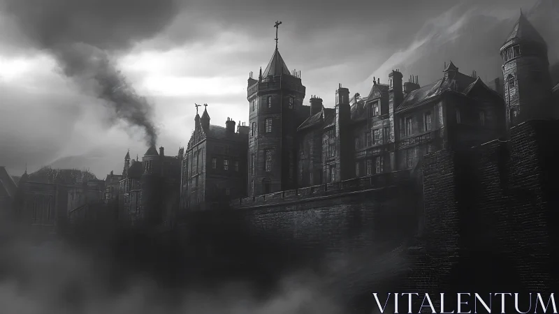 Gothic fortress complex shrouded in industrial smoke and mist