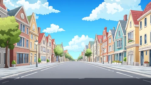 Empty small-town street with stylized gabled buildings.