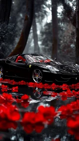Midnight-black supercar lounges in a forest of liquid roses