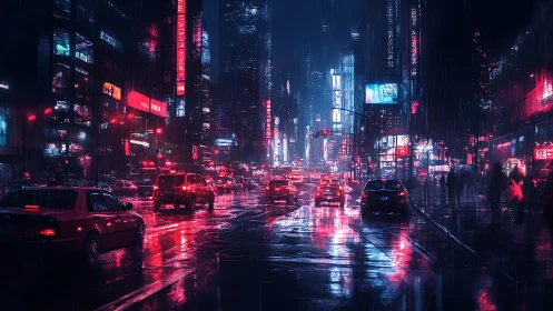 Neon soaked city avenue glows softly through a rainy night