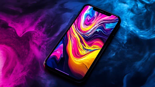 Neon tides crash through a smartphone’s liquid glass portal