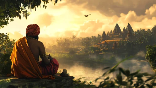 Sunset silence crowns the river temple in golden whispers