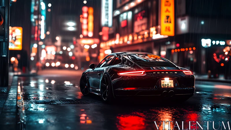 Sports car on wet neon city street at night in rainfall.