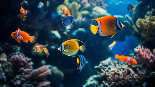 Tropical reef fish glide through luminous coral habitat.
