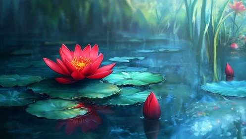 Red water lily rendered with high saturation and soft depth of field