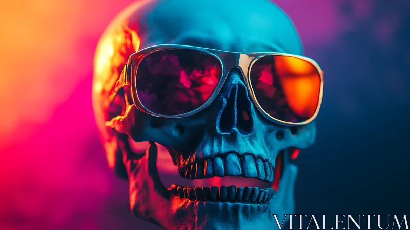 Rendered human skull wears mirrored sunglasses under neon light