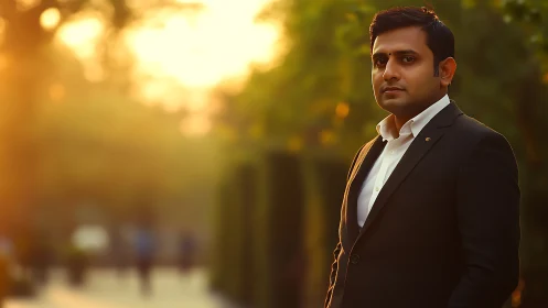 Business professional stands in golden hour city park