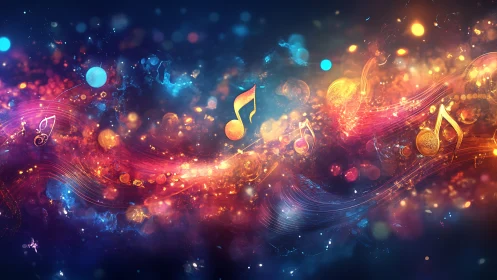 Vibrant musical notes swirl through luminous cosmic stream.