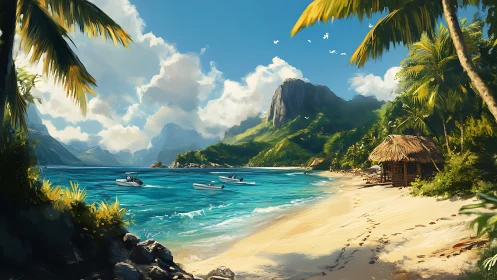 Tropical Island Paradise Beach with Mountain Lagoon.