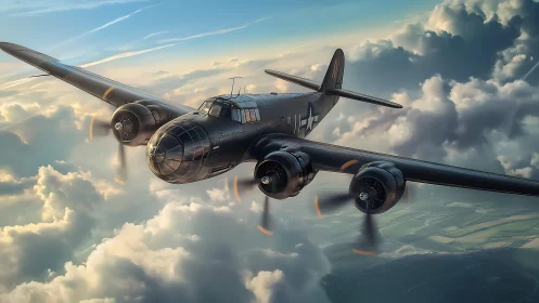 Sunlit vintage bomber glides calmly through glowing cloud tops