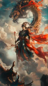 Dragon-crowned warrior ascends through storm-lit celestial clouds