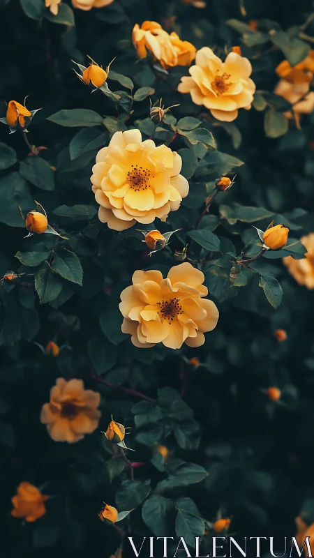 Golden roses in full bloom with emerging buds and dark foliage.