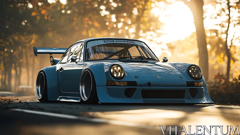 Photorealistic widebody classic racer in autumn backlight.