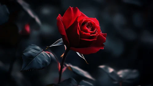 Red Rose Against Dark Background with Foliage Detail.