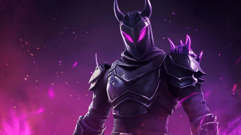 Armored dark knight with glowing purple visor stands poised.