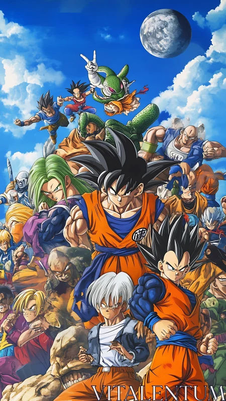 Multiple anime fighters stand grouped under a detailed sky