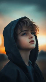 Contemplative Child in Dark Hood at Sunset.