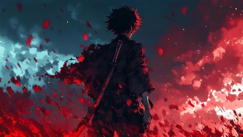 Lone swordsman ignites a storm of red petals and twilight