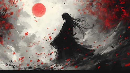 Lone samurai silhouette under blood red moonscape.