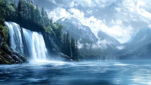 Mountain cascades pour into misty blue alpine lake.