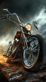 Custom chopper motorcycle gleams against a stormy horizon