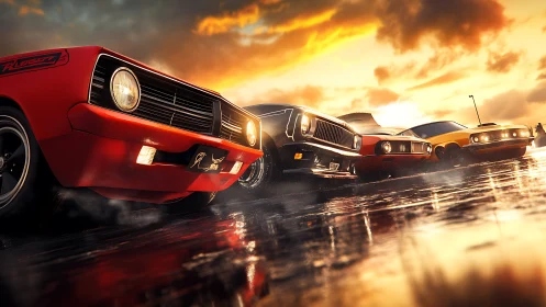 Sunset muscle cars line up on wet asphalt in cinematic glow.