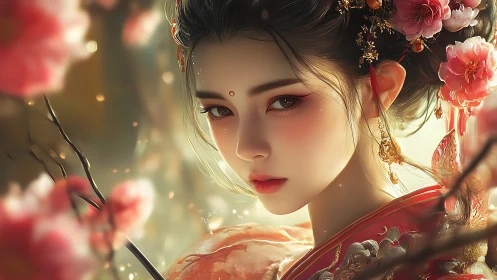 Elegant oriental maiden amid glowing spring blossoms.