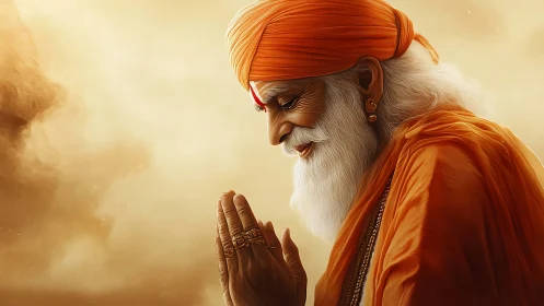 Elderly holy man in orange robes in prayerful profile.