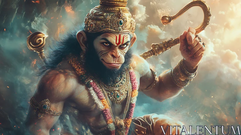 Muscular monkey warrior deity holds golden mace in clouds