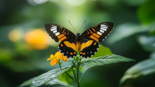 Macro study of monarch butterfly on lantana bloom in bokeh field.