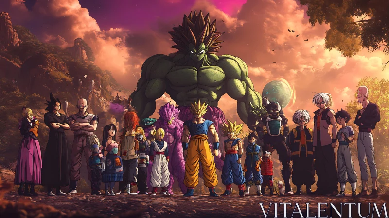 Anime warriors line up before massive green titan at sunset