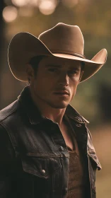 Weathered cowboy portrait in shallow-depth warm backlight.