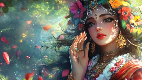 Flower-crowned forest goddess bathed in jeweled sunlight.