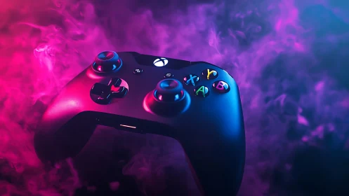 Gaming controller positioned against colorful neon background atmosphere.