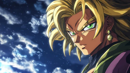 Battle-ready anime warrior under luminous night sky.