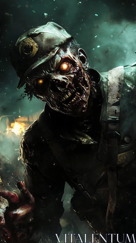 Haunting undead soldier stalks through eerie green mist.