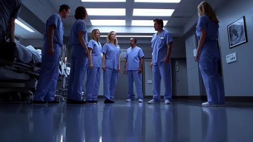 Medical staff stand in discussion in a hospital corridor