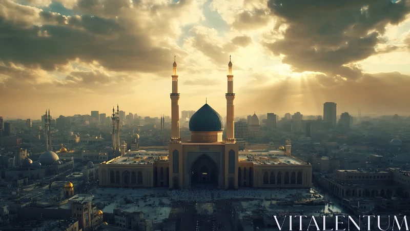 Soft golden light embraces a grand city mosque at sunset
