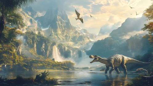 Digital painting of dinosaurs in a misty primeval valley.