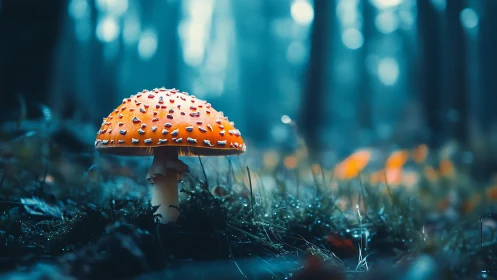 Forest lantern mushroom glows softly in blue dusk mist