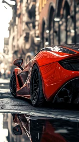 Red sports car on wet urban street with reflective surface.