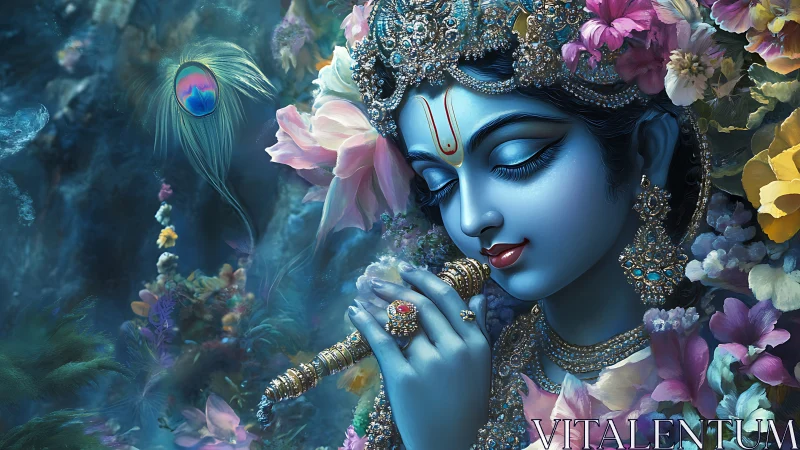 Blue-skinned deity portrait renders jeweled flute and floral halo