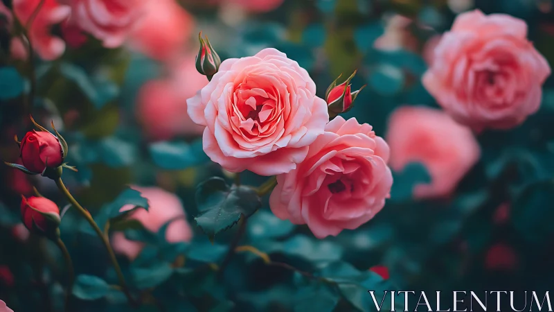Coral Blossoms Dancing: Garden Roses in Full Bloom.
