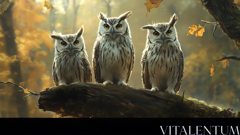 Three owls perched on a branch in autumn forest, digital art.