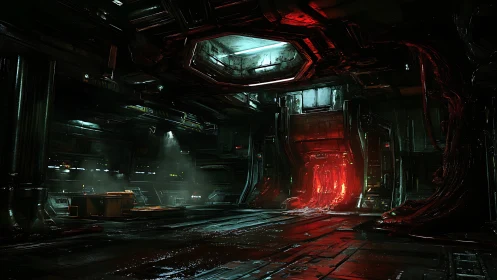 Derelict starship corridor under ominous red breach glow.