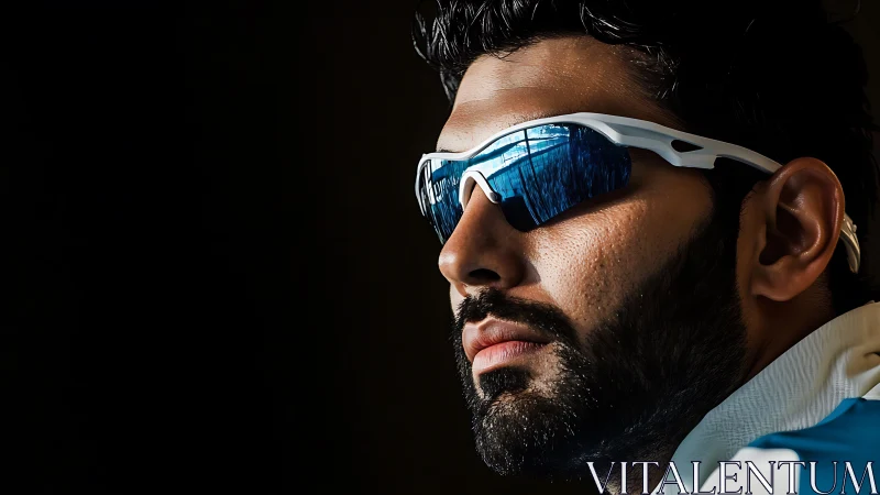 Cool blue sports shades and confident sidelong gaze.