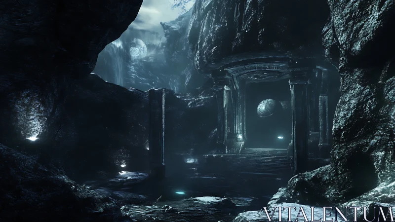 Moonlit cavern gate to a quiet forgotten world.