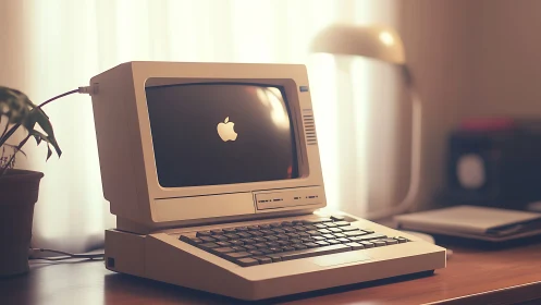 Vintage beige computer on wooden desk in warm light.