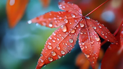 Macro study isolates red maple leaf with crystalline raindrops
