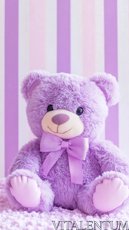 Lavender teddy bear toy centered against striped wall.
